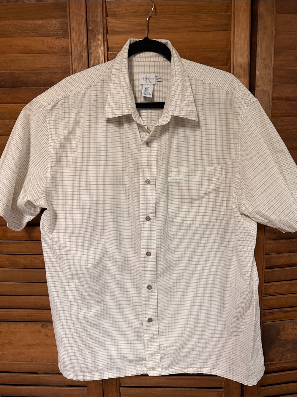 Calvin Klein Men's Short Sleeve Button-Up Shirt - Cream with Subtle Plaid